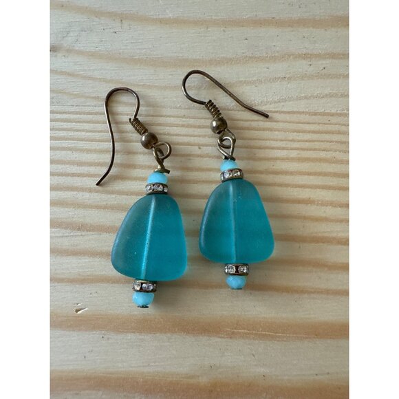 Blue Dangle Earrings With Rhinestone Accents & Bronze Hooks - Picture 4 of 5